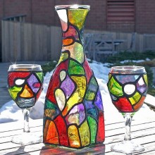 Funky-Organic-Stained-Glass-Painted-Wine-Decanter-2-glasses-set